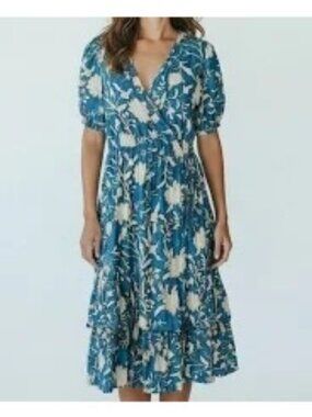 Knox Rose Womens Blue Floral Midi Wrap Dress Size S Rayon Boho Style (I605)